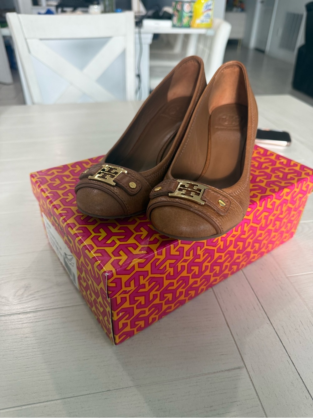 Tory Burch Tan Leather Logo Peep-Toe Wedges